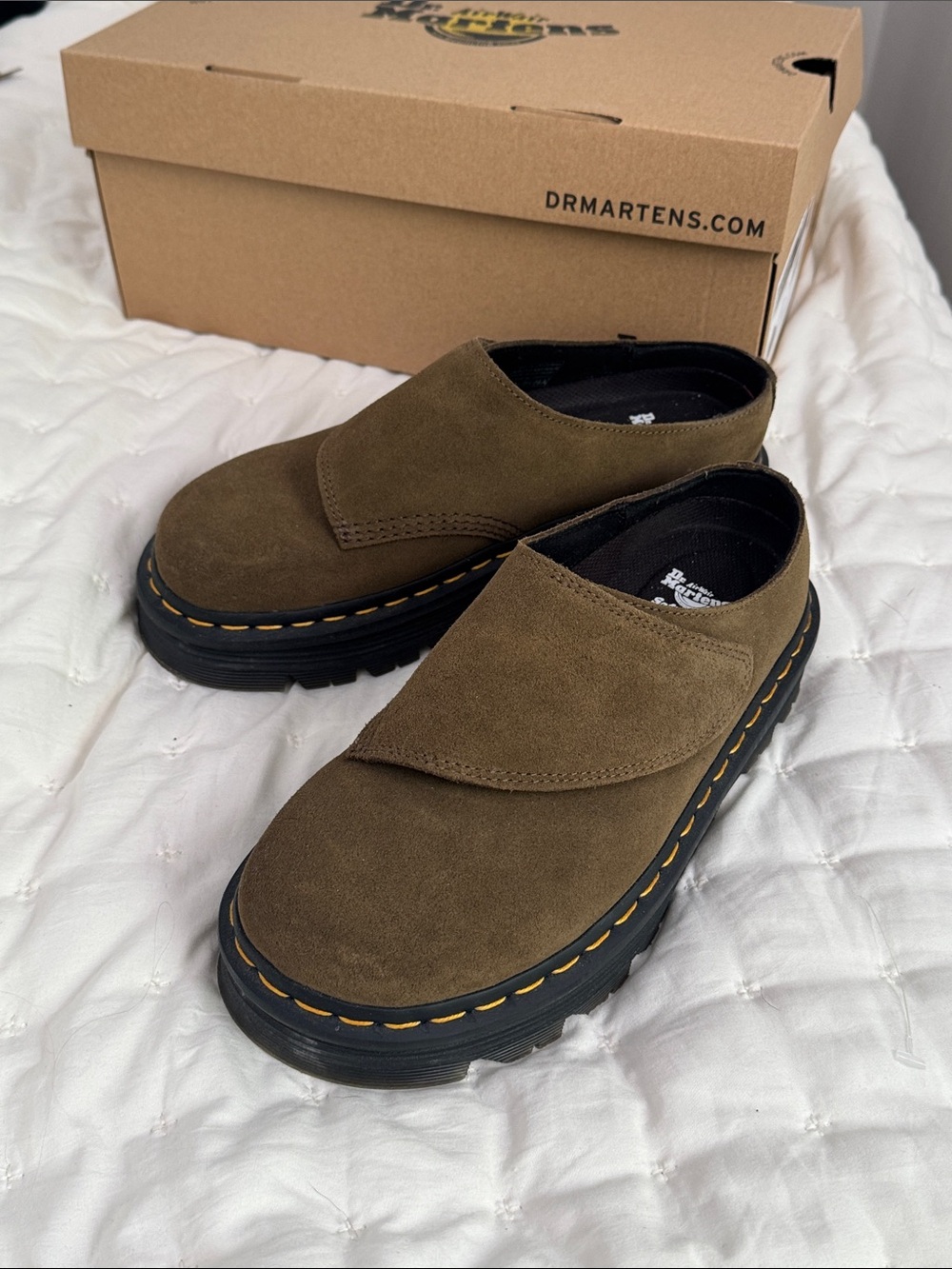 Dr. Martens Olive Suede Slip-On Loafers with Yellow Stitching - Picture 1 of 4